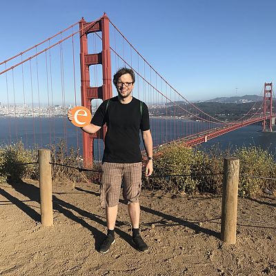 Juli 2018, Golden Gate Bridge: Unser Peter beim "Google Marketing Live" Event in José. Um den Jetlag zu bekämpfen, erkundet unser Gipfelstürmer die Hügel oberhalb von San Francisco.